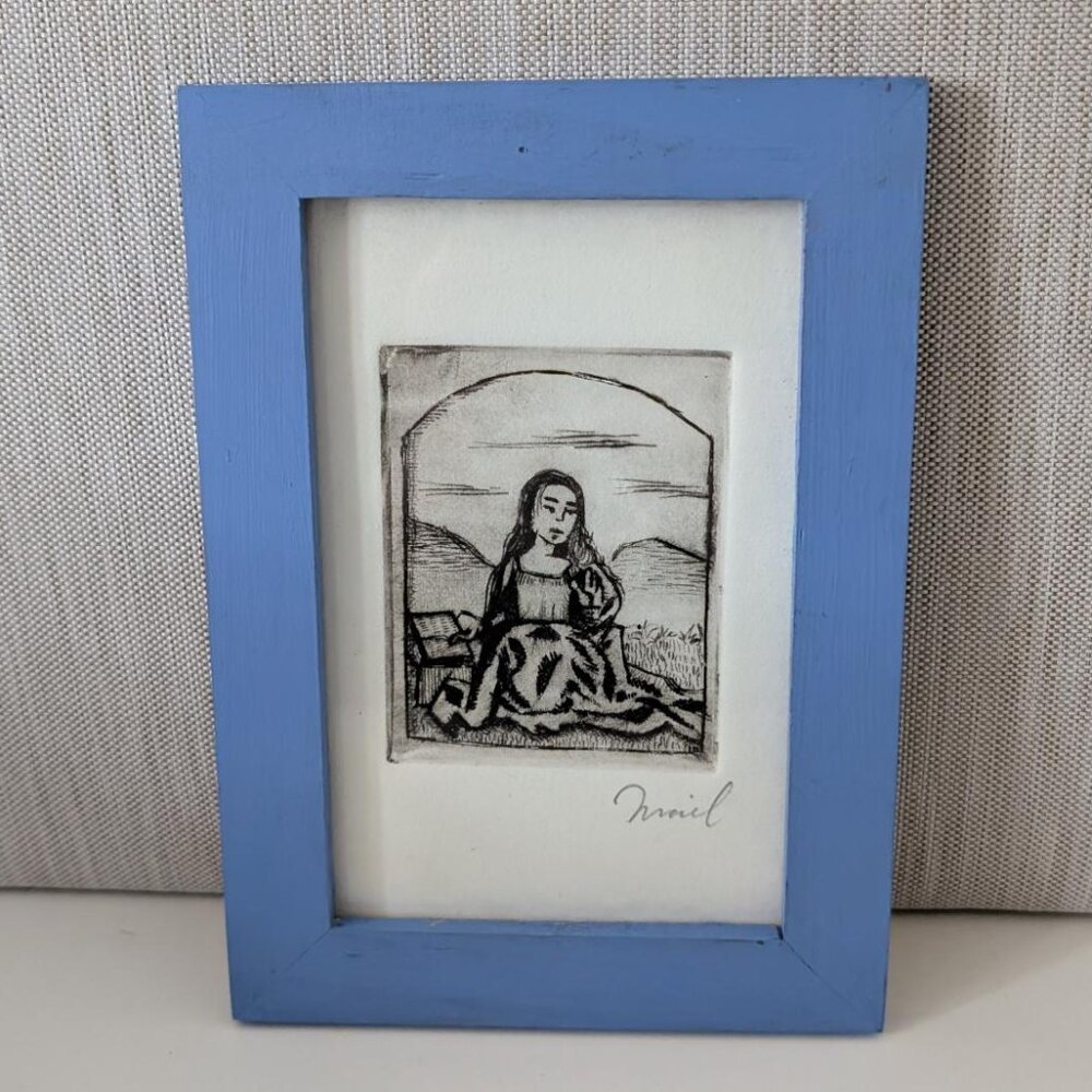 Intaglio Print Framed Handcrafted Artwork Signed Reading Her Book of Hours